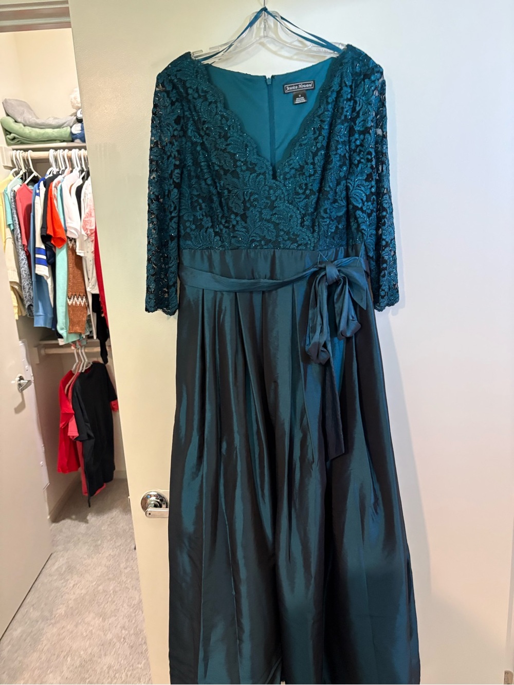 Jessica Howard Teal Lace Bodice Satin Skirt Long Sleeve Gown